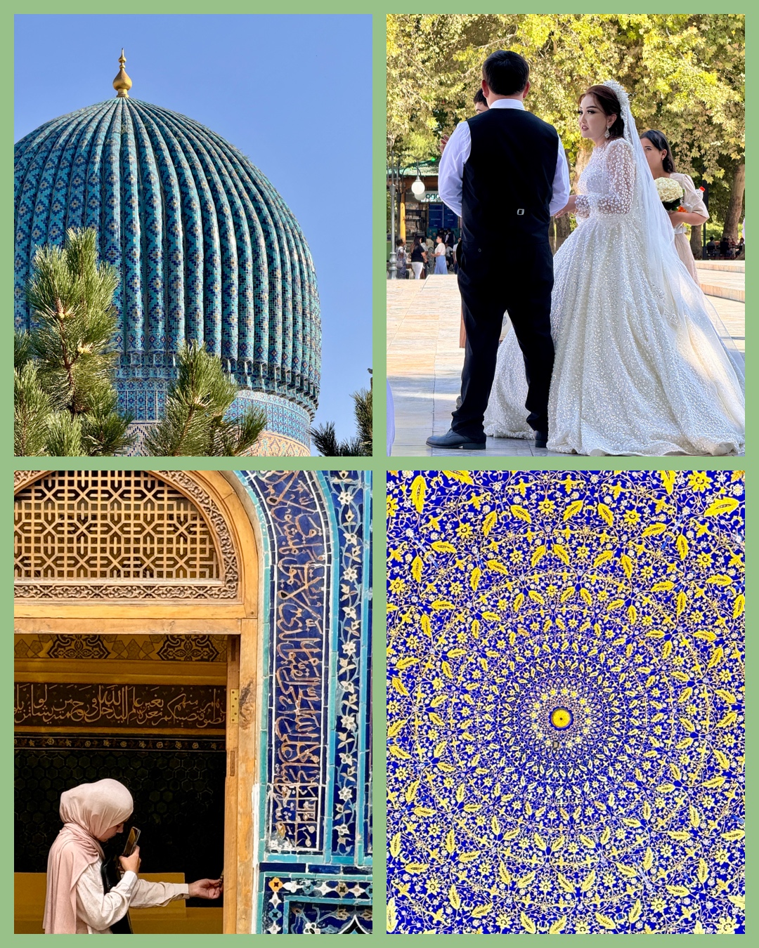 Al viajar a Uzbekistán pueden verse escenas como estas: dos cúpulas de Uzbekistán. Una pareja de novios uzbekos y una muchacha musulmana ante una puerta con azulejos.